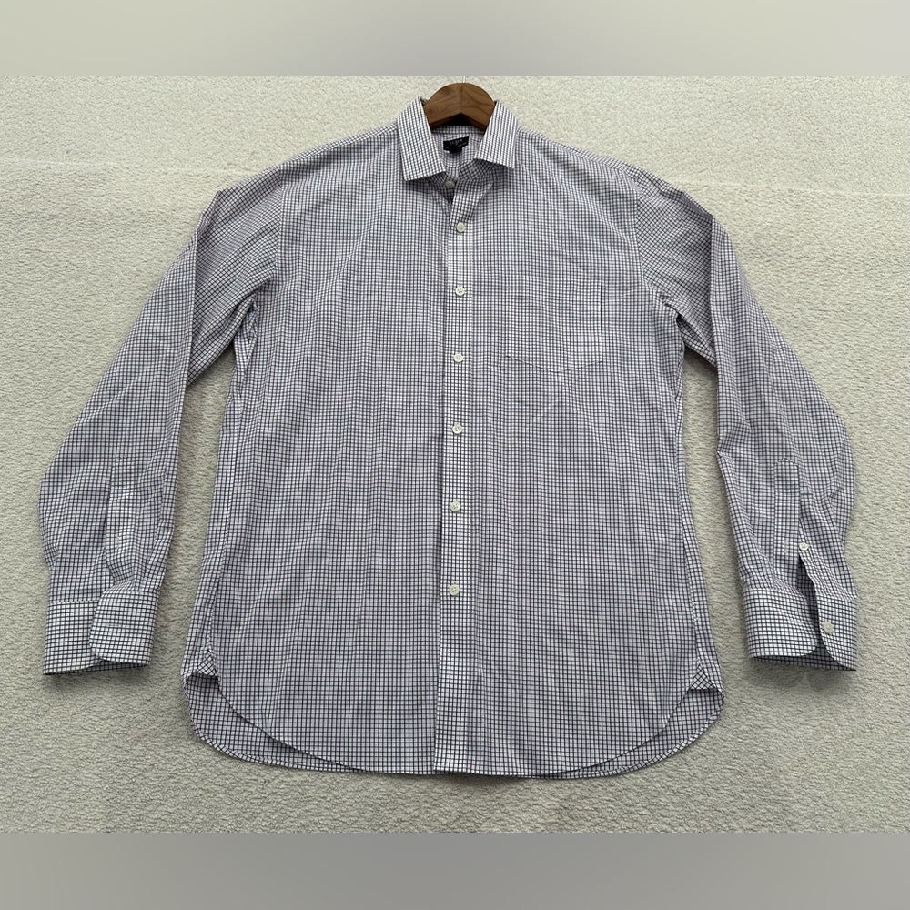 J. Crew Wrinkle Free Men’s Dress Shirt White + Purple Check Size Large 16 - 16.5